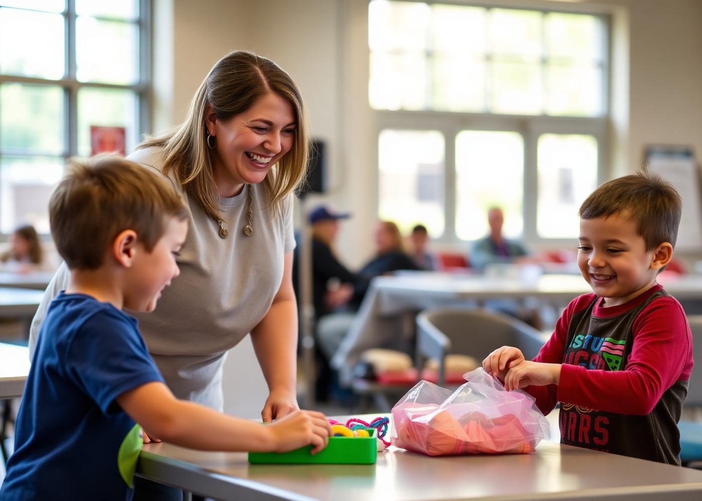 A volunteer laughing while helping two children with a craft